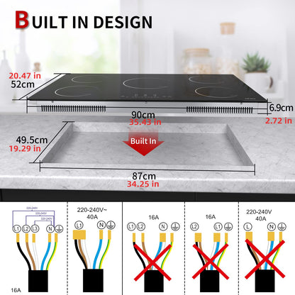 Induction hob 5 zones, IsEasy 90cm Frameless Induction hob, Induction hob with 5 cooking zones, 8600W, Booster function, Digital control, 9 heat levels, Glass ceramic.