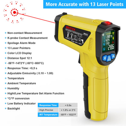 Infrared Thermometer Laser MESTEK Temperature Gauge with K Probe IR Pyrometer -50°C to 800°C Non-contact Color LCD Alarm Adjustable Emissivity for Kitchen.