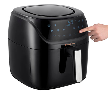 Russell Hobbs XXL 8L Rapid AirFryer with compact design, 7 cooking functions, 10 programs. SatisFry technology is dishwasher safe, reaches up to 220°C, and allows for oil-free frying, grilling, baking, and roasting. Item number: 27170-56.