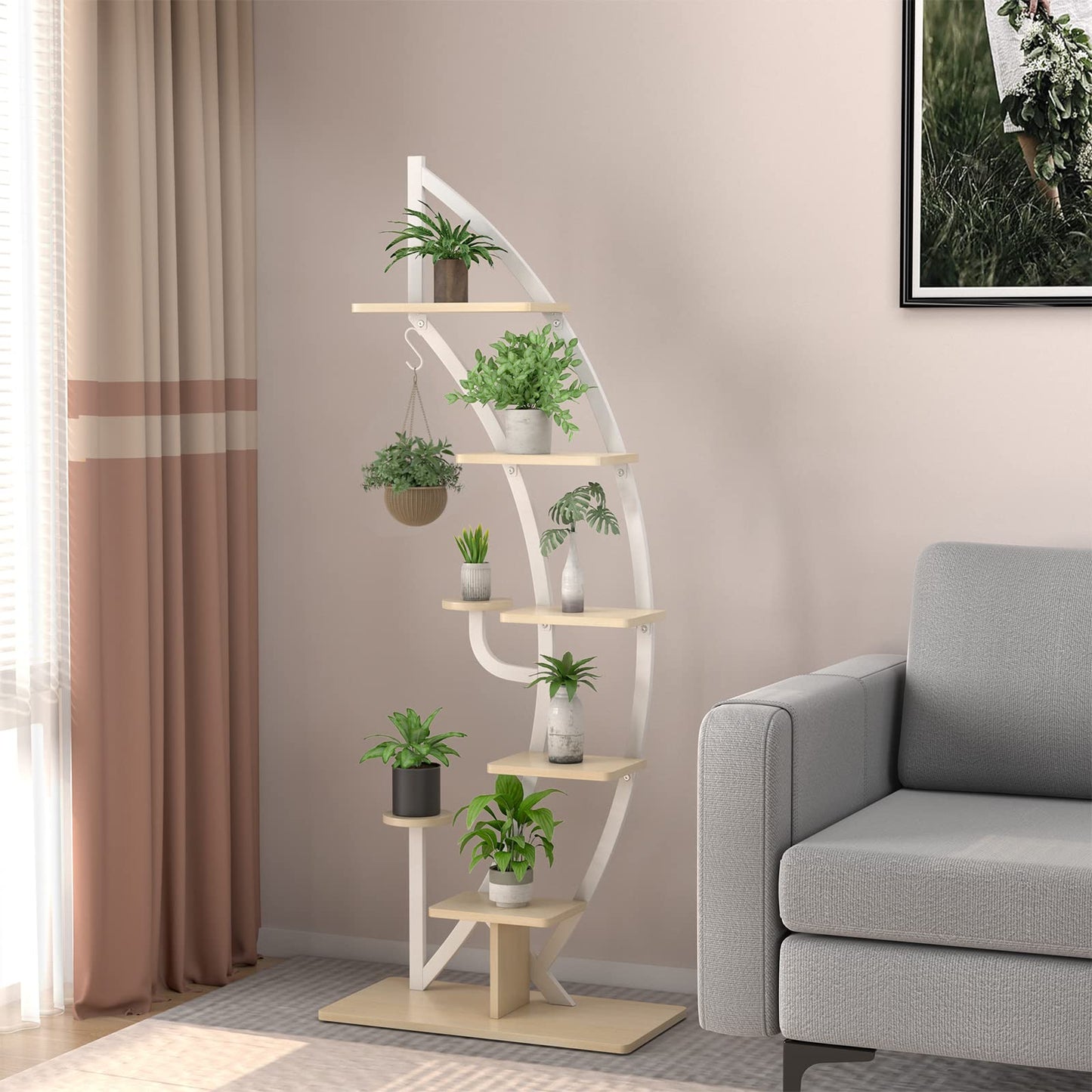COSTWAY 6-tier Metal Plant Stand in half-moon shape, flower rack with 2 small shelves & top hook, ladder plant stand with anti-tip device, flower pot stand for garden balcony living room (White)