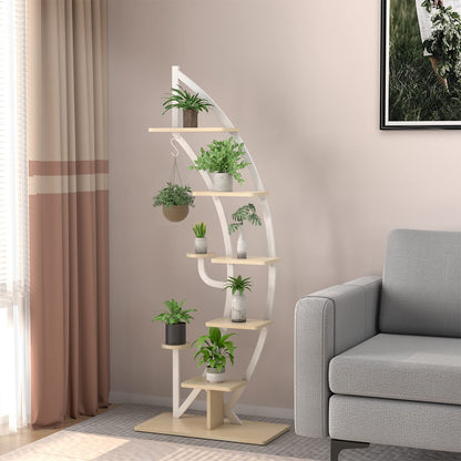 COSTWAY 6-tier Metal Plant Stand in half-moon shape, flower rack with 2 small shelves & top hook, ladder plant stand with anti-tip device, flower pot stand for garden balcony living room (White)