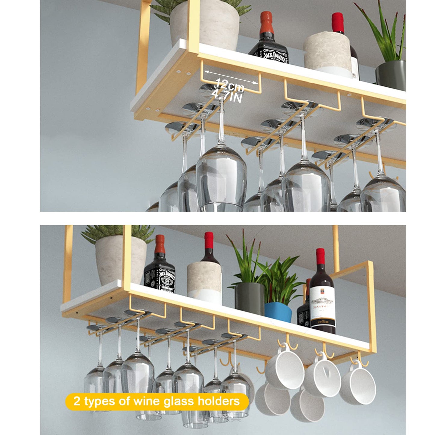 DSVONAUS Hanging Wine Rack and Wine Glass Holder - 120cm metal wine rack with 2 types of glass holder, ceiling-mounted wine glass rack, bottle holder, perfect for bar-cafe-kitchen (120x30x60cm)