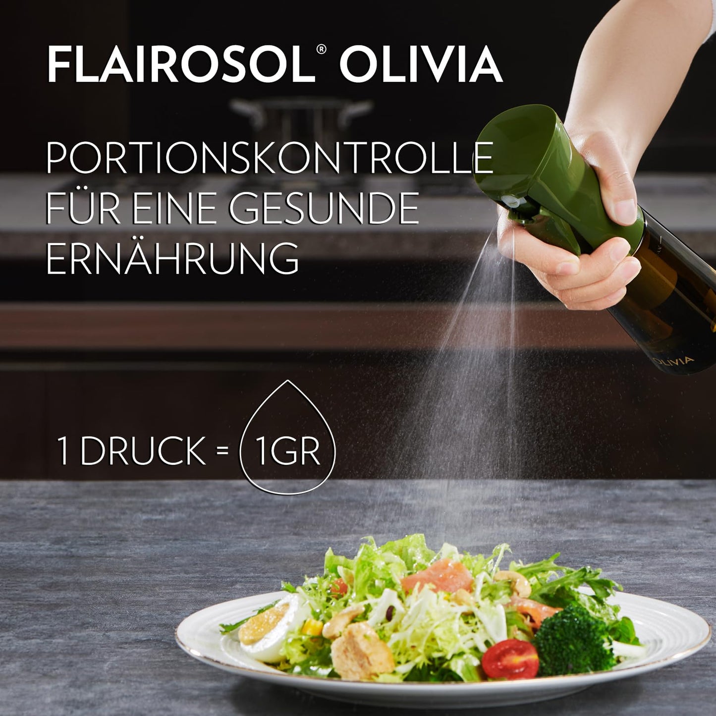 FLAIROSOL OLIVIA 200ml glass oil sprayer - Continuous oil spraying technology with portion control - Versatile oil mister for cooking, salads, grilling, baking, and more scenarios (Green)