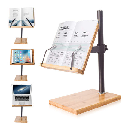 Wishacc book stand adjustable - upright bamboo book stand & holder for reading desk, adjustable reading height and angle with page clips (27.9 x 20.6 cm)