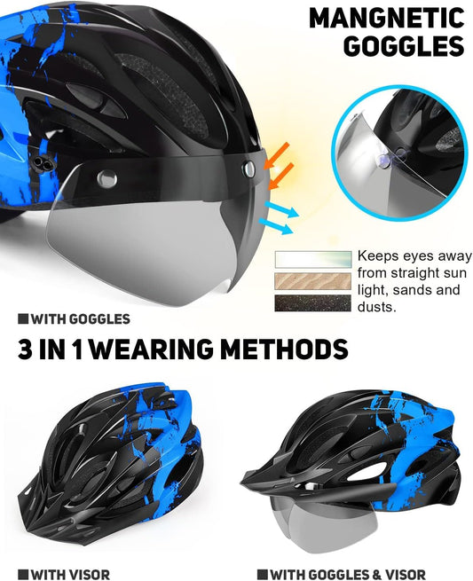 RaMokey Adult Bike Helmet with Light, City Helmet Urban Bike Helmet for Men and Women with Detachable Magnetic Protective Glasses Visor, Bike Helmet with 18 Ventilation Channels 57-62cm.