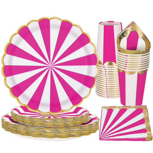 PARTY GO 96 Piece Partyware Set, Circus-themed Partyware Set, Peach and White Striped Circus-themed Birthday Tableware, Circus Party Supplies (24 Guests)