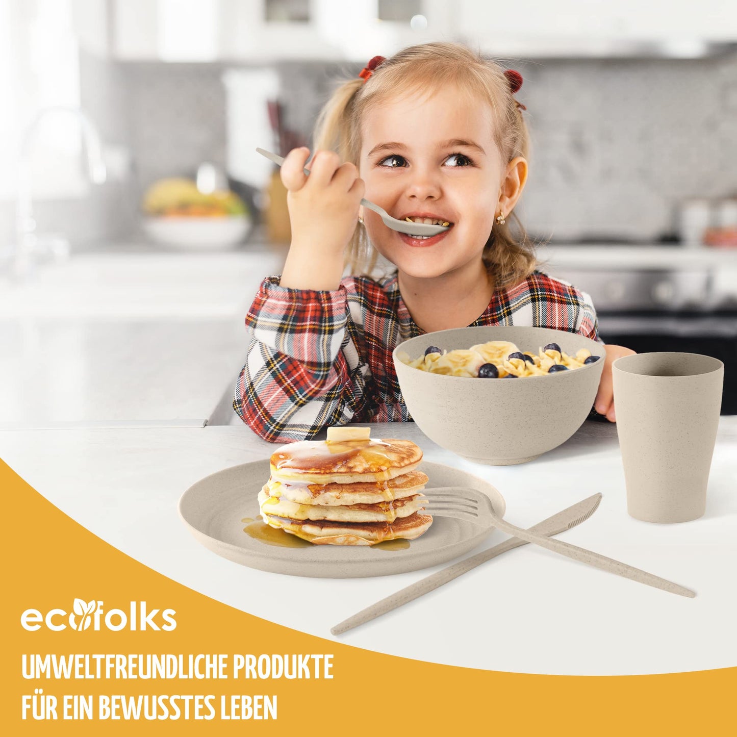 Ecofolks environmentally friendly camping dinnerware set -100% recycled material | Reusable, colorful, for RV, picnic, outdoor & kids | Color beige