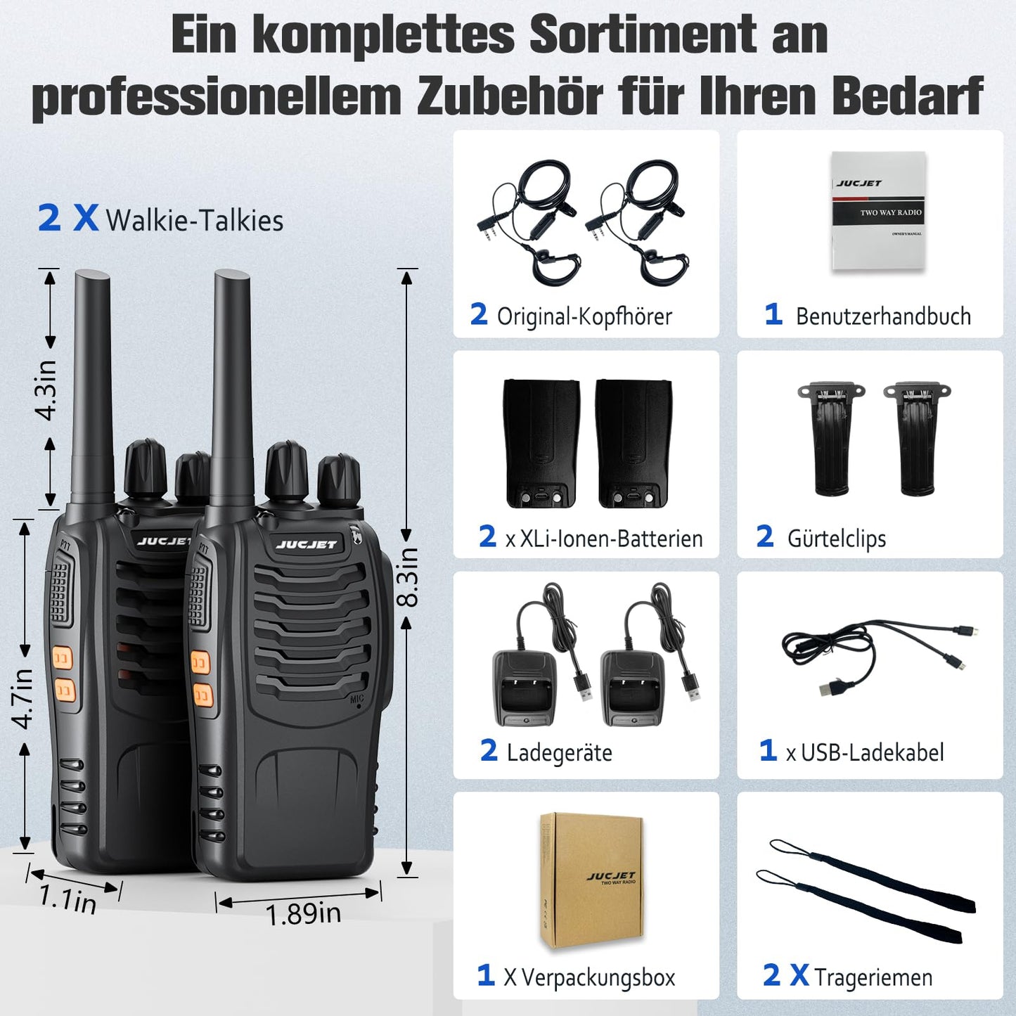JUCJET 88E Walkie Talkie, License-free PMR446 16 channel radios, handheld radio with built-in LED flashlight. Comes with 2-in-1 Type-C charging cable, USB charging station, and headset (Black, 2 pieces)