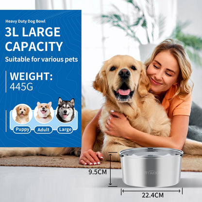 RYAKKA 3L Anti-Gulp Water Bowl for Dogs - Stainless Steel Drinking Bowl for Travel | Anti-Drool | Slow Feeder Travel Bowls for Medium & Sloppy Dogs