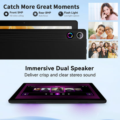 HotLight Tablet 10-inch Octa-Core processor, 10GB+64GB (TF 1TB), Spiritual Aura, WideVine L1, WiFi6, BT 5.3, 5000mAh, Android 14 tablet with USB OTG and Face Recognition, Black