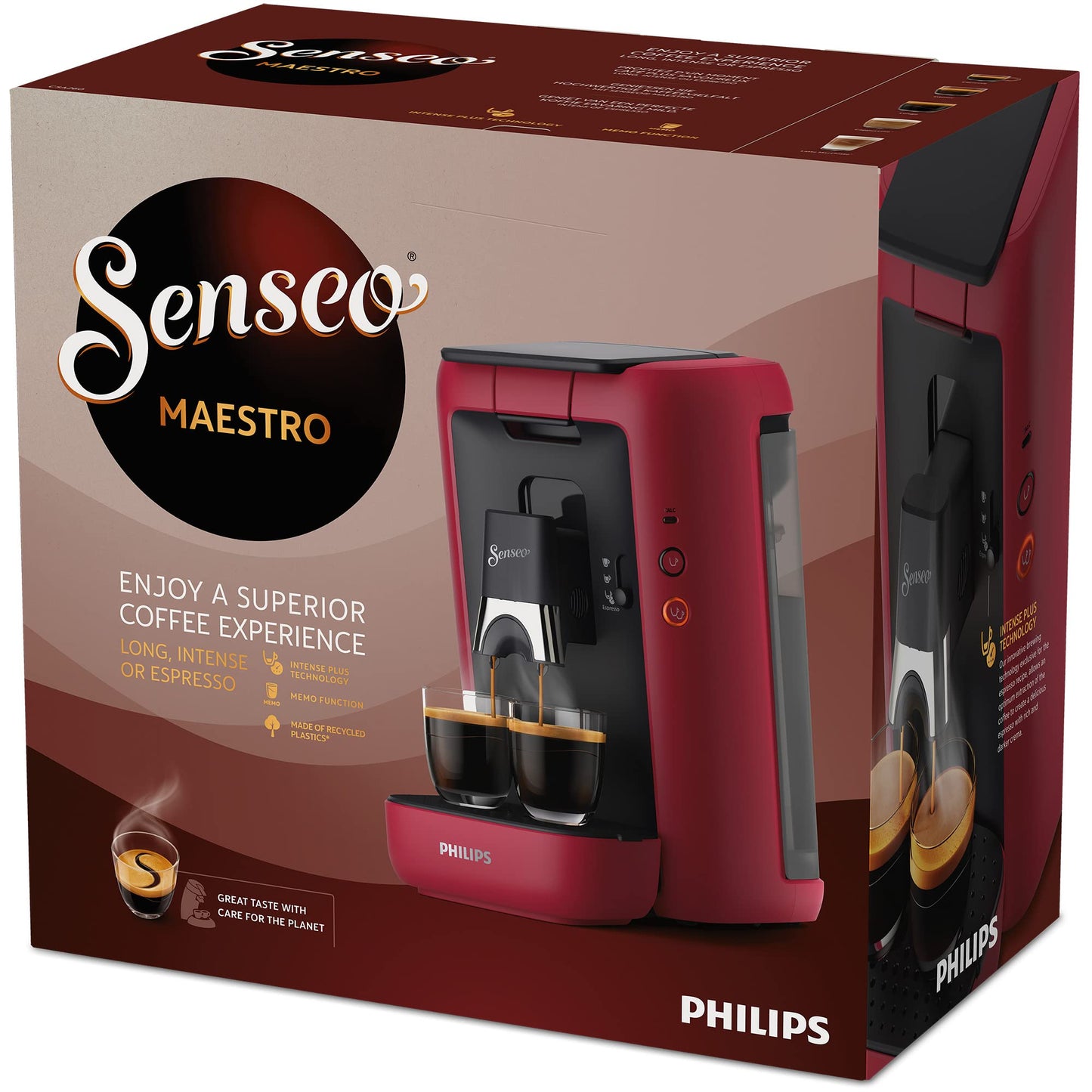 Philips Senseo Maestro coffee pod machine with coffee strength selection, Intense Plus Technology and Memo function, 1.2 liter water tank, made from recycled plastic, color: Red (CSA260/90)