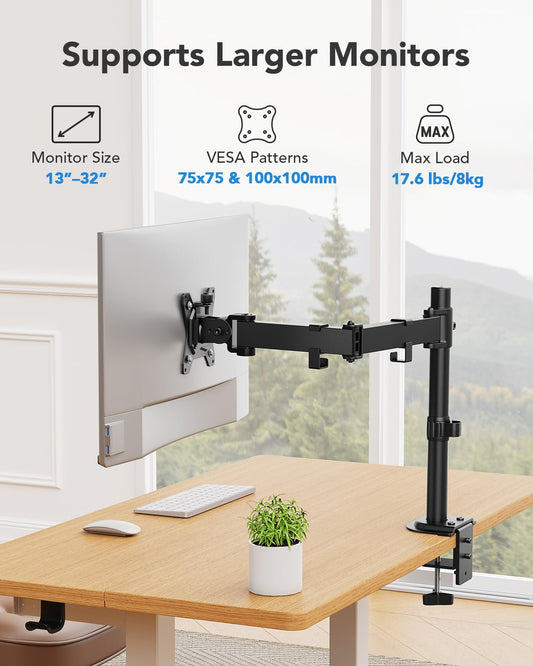 HUANUO monitor mount for 13-32 inch screens, monitor stand adjusts height, tilt, swivel, and rotate, 2 mounting options, VESA 75 & 100 mm.