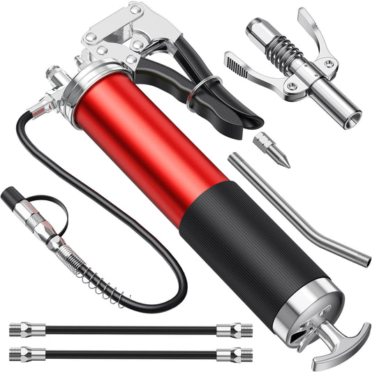 Amyzaval's grease gun for grease nipples, 8000PSI hand grip one-handed grease gun, heavy-duty barrel with grease gun nozzle, flexible hose and metal tube, grease gun for 400g cartridges, red