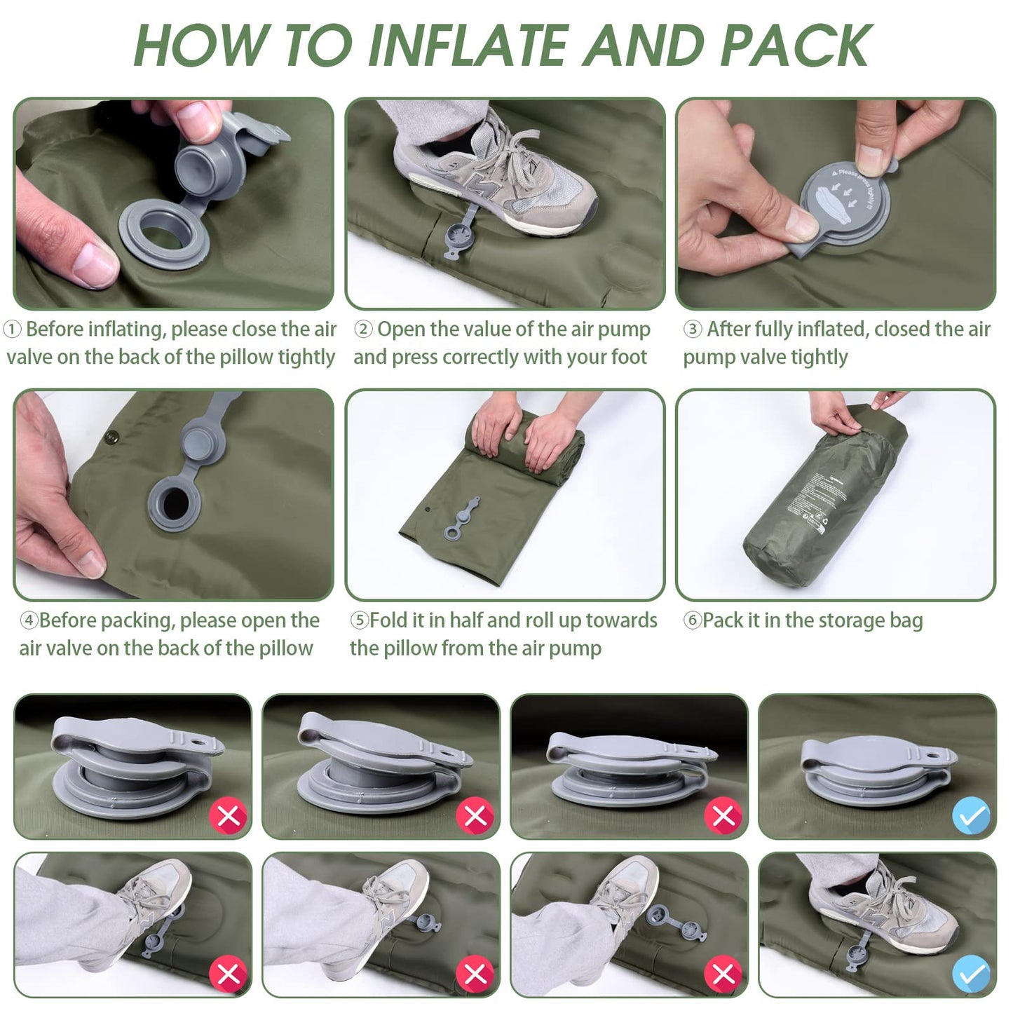 Arliers self-inflating sleeping pad, 12CM thick air mattress for camping with foot pump and pillow, Anti-Ripstop portable sleeping mat for hiking, travel, beach - army green.