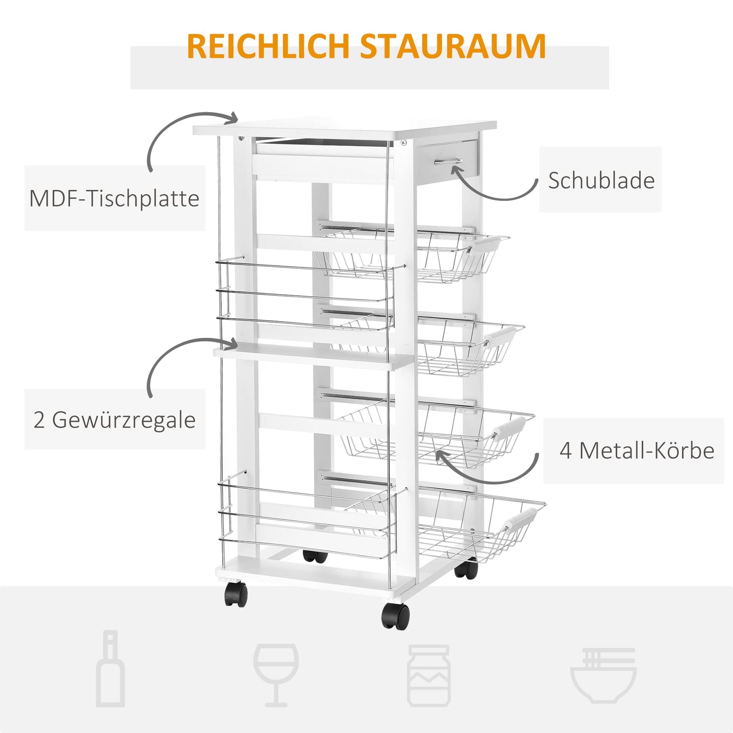 HOMCOM kitchen cart, 5-tier serving cart with countertop, rolling cart, kitchen shelf with wheels, drawer, and metal baskets, pine wood white 47 x 37 x 83 cm
