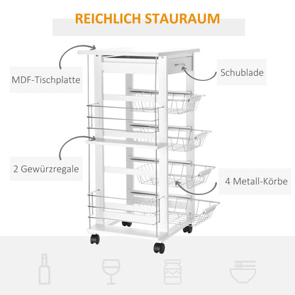 HOMCOM kitchen cart, 5-tier serving cart with countertop, rolling cart, kitchen shelf with wheels, drawer, and metal baskets, pine wood white 47 x 37 x 83 cm
