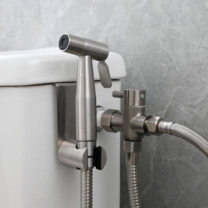Tecmolog Bidet Sprayer Set with 3-way diverter valve, 3/8"-12/17 hose, and drill-free shower head holder in brushed nickel, WS024F8