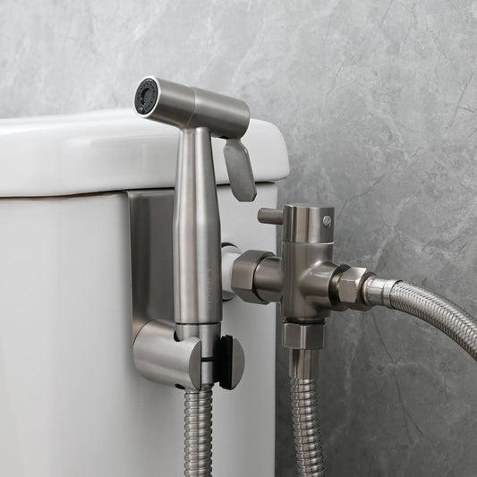 Tecmolog Bidet Sprayer Set with 3-way diverter valve, 3/8"-12/17 hose, and drill-free shower head holder in brushed nickel, WS024F8