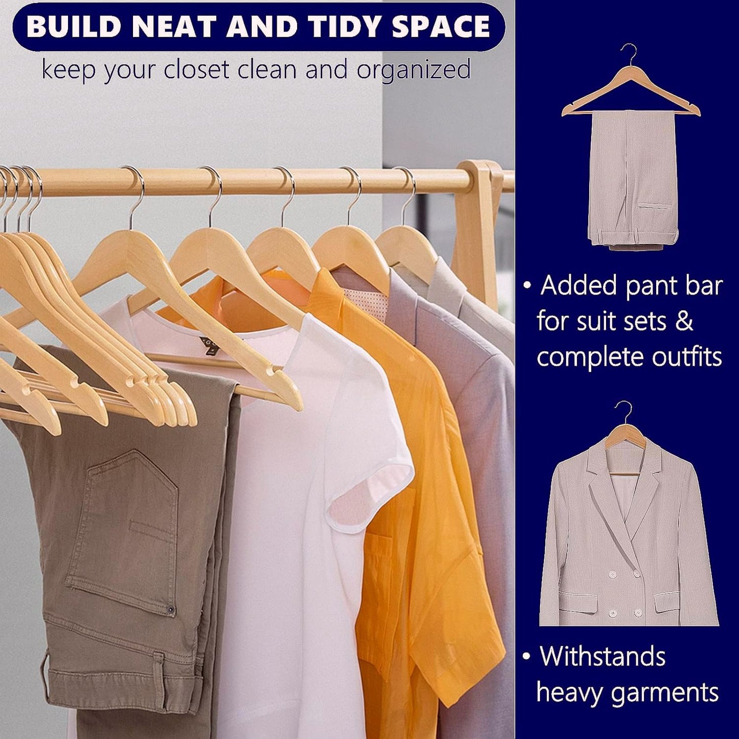 Amber Home 20 Pieces 44.5cm Natural Wood Hangers with Bar and Notch, Sturdy Organizer for T-shirt Shirt Suit Coat Dress Wedding Top