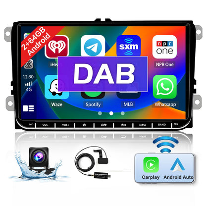 2+64GB DAB/DAB+ Android 15 Car Stereo with Navigation for VW Golf Polo Passat Skoda Seat - 9" Touchscreen, Wireless Carplay, Android Auto, Bluetooth, RDS FM GPS WiFi HiFi SWC, Rearview Camera