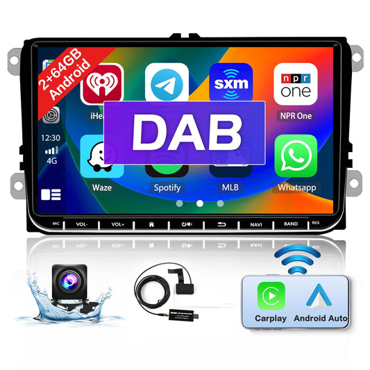 2+64GB DAB/DAB+ Android 15 Car Stereo with Navigation for VW Golf Polo Passat Skoda Seat - 9" Touchscreen, Wireless Carplay, Android Auto, Bluetooth, RDS FM GPS WiFi HiFi SWC, Rearview Camera