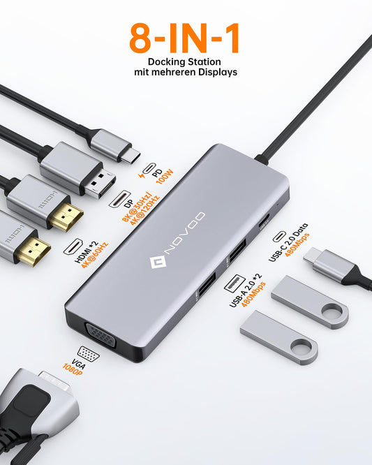 NOVOO Docking Station USB C Dual HDMI 8 in 1 USB C Hub with 4K@120Hz DisplayPort, 2 HDMI 4K@60Hz, VGA, 2 USB-A + 1 USB-C data ports, PD 100W laptop adapter 4 monitors for iPhone 15/MacBook/Dell/Lenovo/Surface