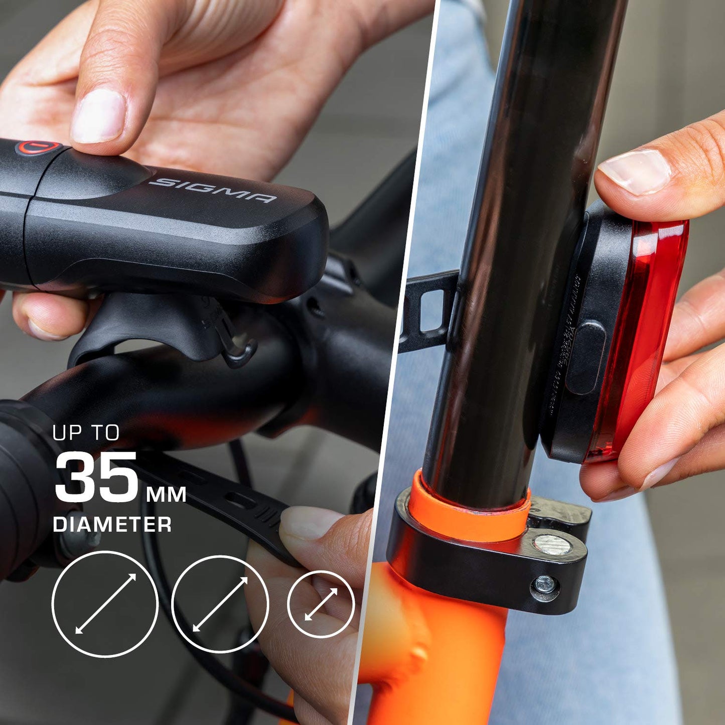 SIGMA Aura 30 & Curve | battery-powered bike lights set | tool-free installation | splash-proof | StVZO approved | front + rear bike light