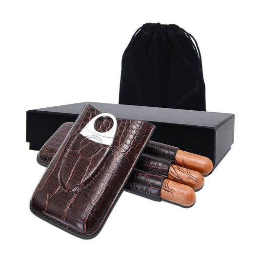 Cigar case, cigar set, leather cigar case, humidor cigars, travel humidor, 3 holder genuine leather cigar case with cigar cutter, perfect gifts for men (brown)