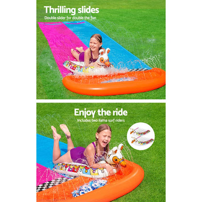 Bestway H2OGO!™ 2-person water slide with inflatable llama floaties, 487 x 138 cm.