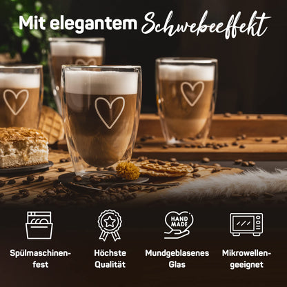 ElbFuchs® Latte Macchiato glasses double-walled [4x 350ml] GIFT IDEA with HEART | Crystal clear thermal glasses double-walled | Ideal for cappuccino glasses | Coffee glasses | Tea glasses