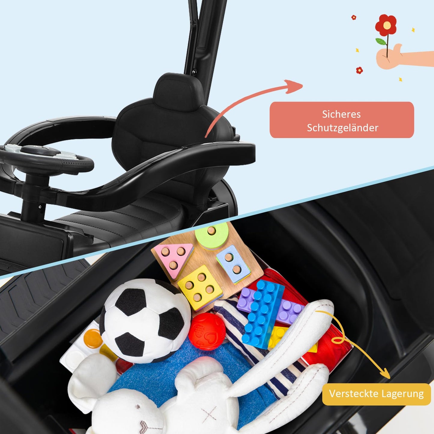 COSTWAY Mercedes Benz Ride-on Car, 3 in 1 Push Car with Sunshade & Storage & Removable Guardrail & Push Handle, Ride-On Vehicle with Engine Sound & Horn, for Kids 1 Year and Up (Black)