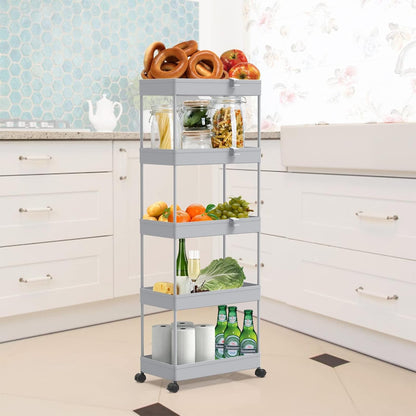 SPACEKEEPER 5-Tier Kitchen Cart, Rolling Storage Cart Shelving Unit on Wheels, Space-Saving Bathroom and Kitchen Shelf for Kitchen Office Bathroom, 113 x 40 x 22cm, Gray.