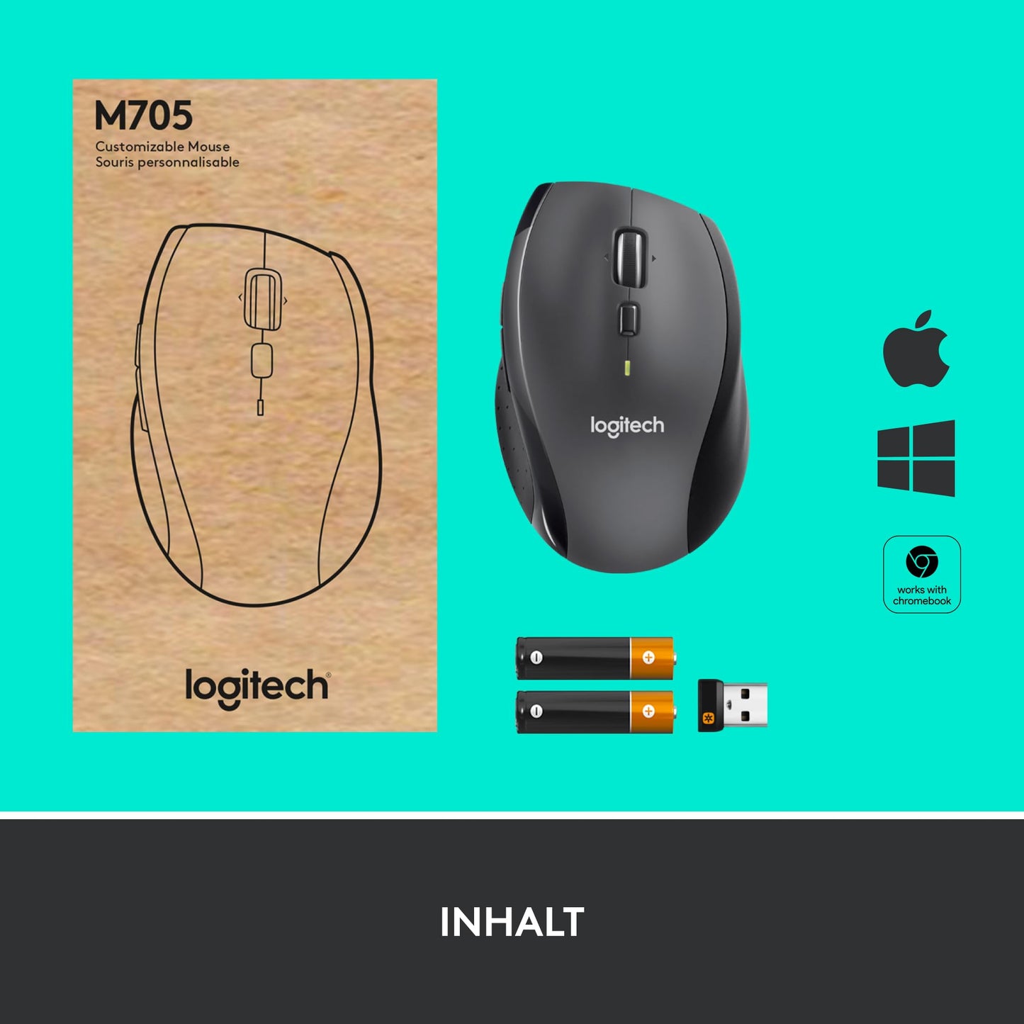 Logitech M705 Marathon Wireless Mouse, 2.4GHz with USB Unifying Receiver, 1000 DPI, 5 programmable buttons, 3-year battery life, Compatible with PC, Mac, Laptop, and Chromebook - Gray