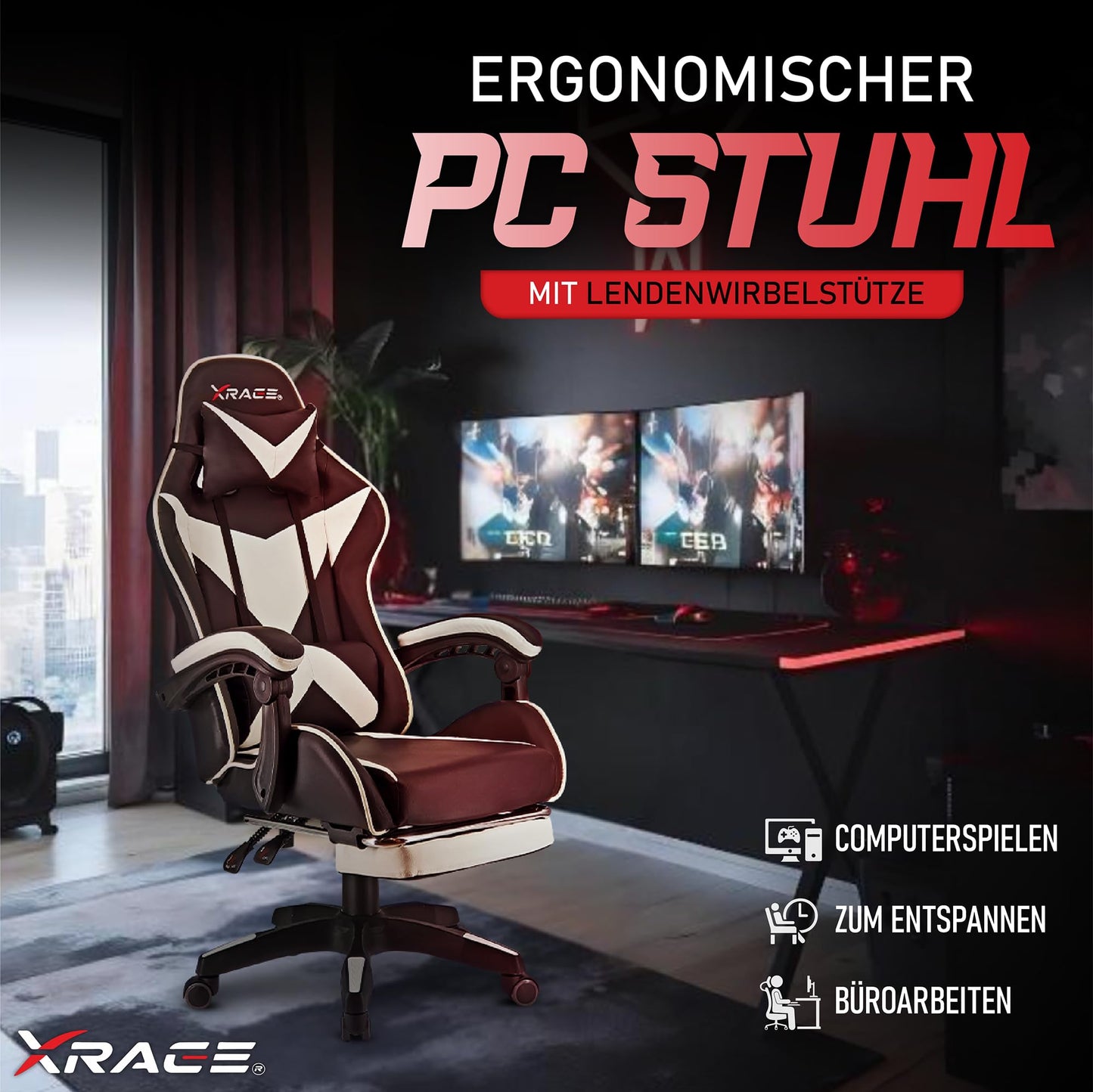 xRace Gaming Chair, Office Chair, Ergonomic PC Chair, Gaming Armchair made of Leather with Lumbar Support, Adjustable Swivel, Task Chairs with Footrest and Headrest, White