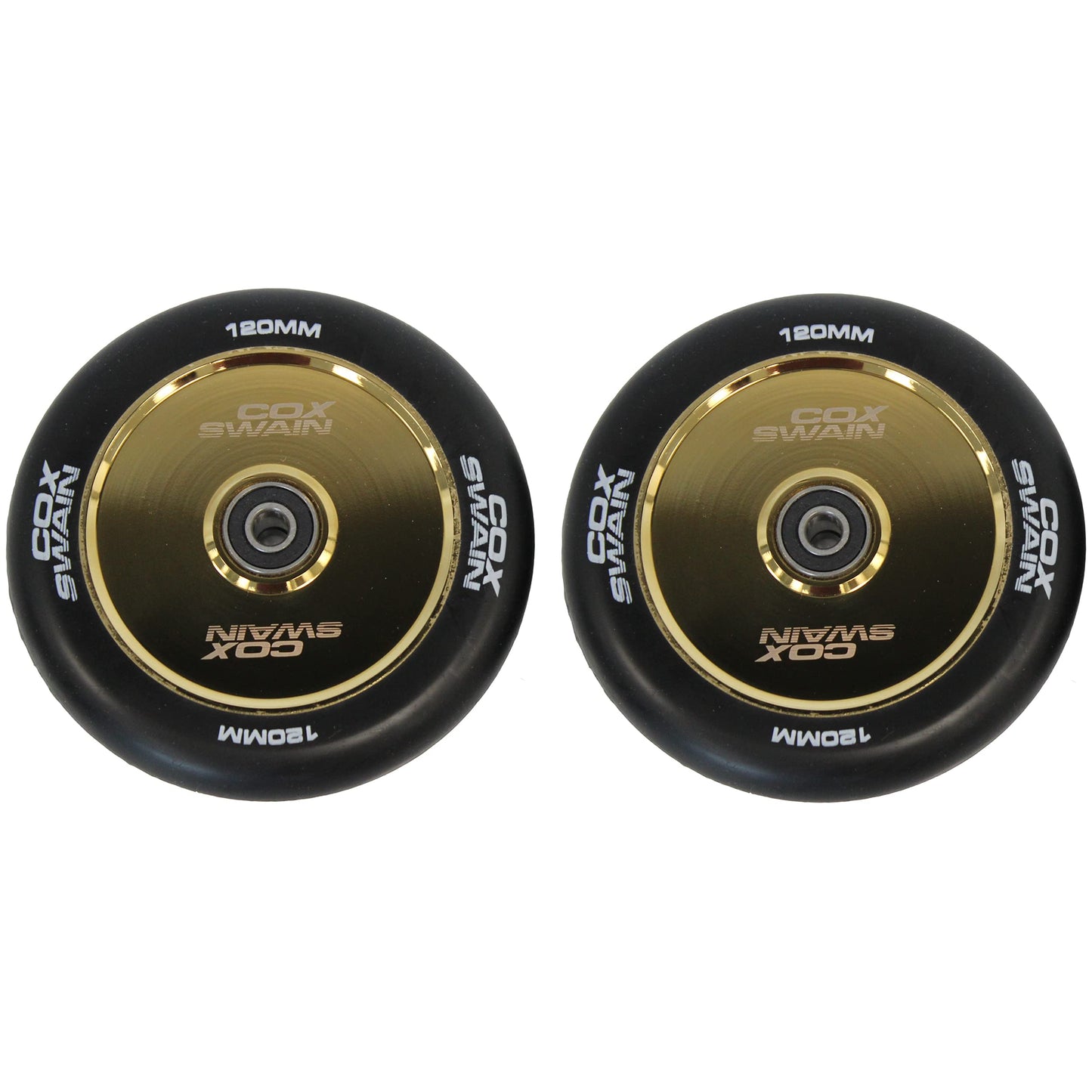 Cox Swain 2 pieces high-end stunt scooter wheels complete set with ABEC 11 bearings and aluminum spacers: Black/Gold Hollowcore 120mm