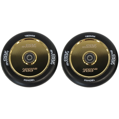 Cox Swain 2 pieces high-end stunt scooter wheels complete set with ABEC 11 bearings and aluminum spacers: Black/Gold Hollowcore 120mm