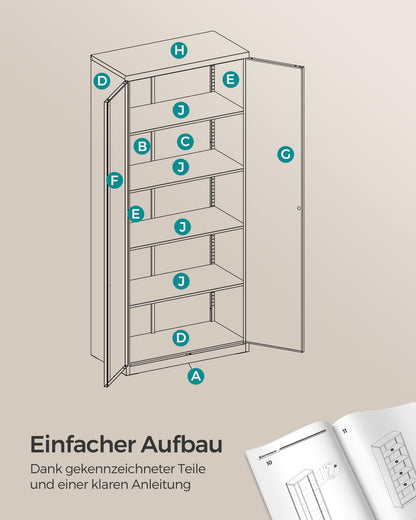 SONGMICS Filing Cabinet, Multipurpose Cabinet, Steel Storage Cabinet, 5 Levels, Double Doors, Lock, Tool Cabinet, Adjustable Shelves, Garage, Office, Living Room, Gray OMC014G01