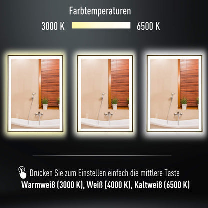 Kleankin bathroom mirror LED mirror with 3 light colors Fog-free wall mirror with anti-fog function, touch switch Aluminum 70 x 50 x 3 cm