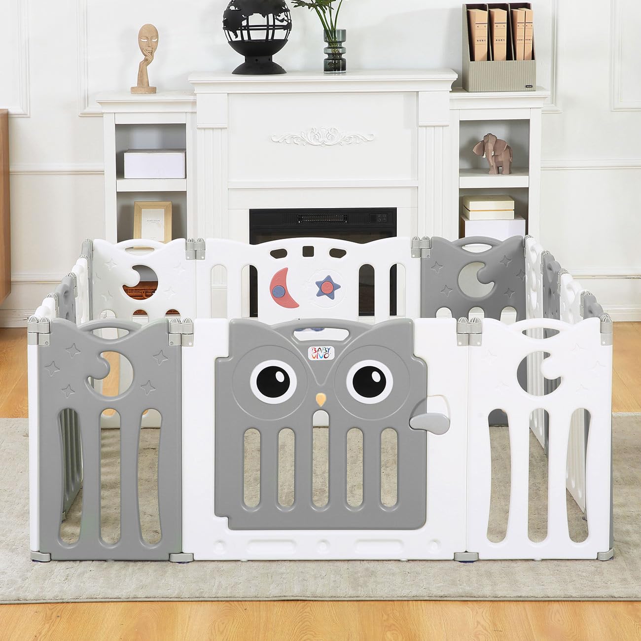 Baby Vivo Playpen Folding Playard Baby Safety Gate Playpen Fence Playpen for Kids made of plastic with door and toys 14 elements in grey - Owl