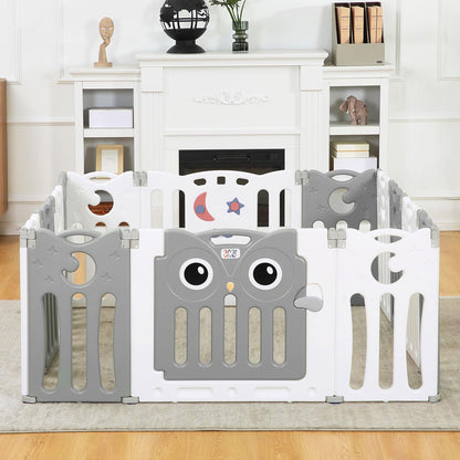 Baby Vivo Playpen Folding Playard Baby Safety Gate Playpen Fence Playpen for Kids made of plastic with door and toys 14 elements in grey - Owl