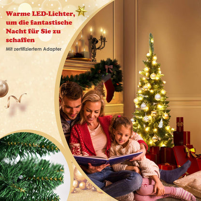COSTWAY 135/200/225cm pencil Christmas tree with warm white LED lights, artificial fir tree with folding system and metal stand, PVC needles, green artificial Christmas tree (135cm)