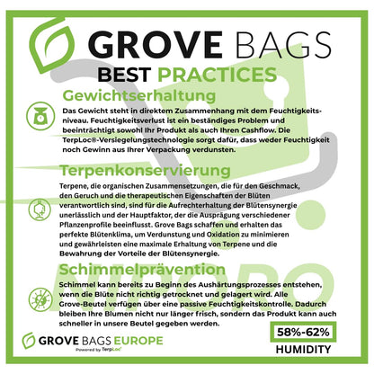 10 pieces for 15g Glassless Terploc Grove Bags incl.1 Hygrometer Heat-sealed and zip bags Moisture control Weed Humidor Bags with relative humidity between 58 and 62% (10, 15 grams)