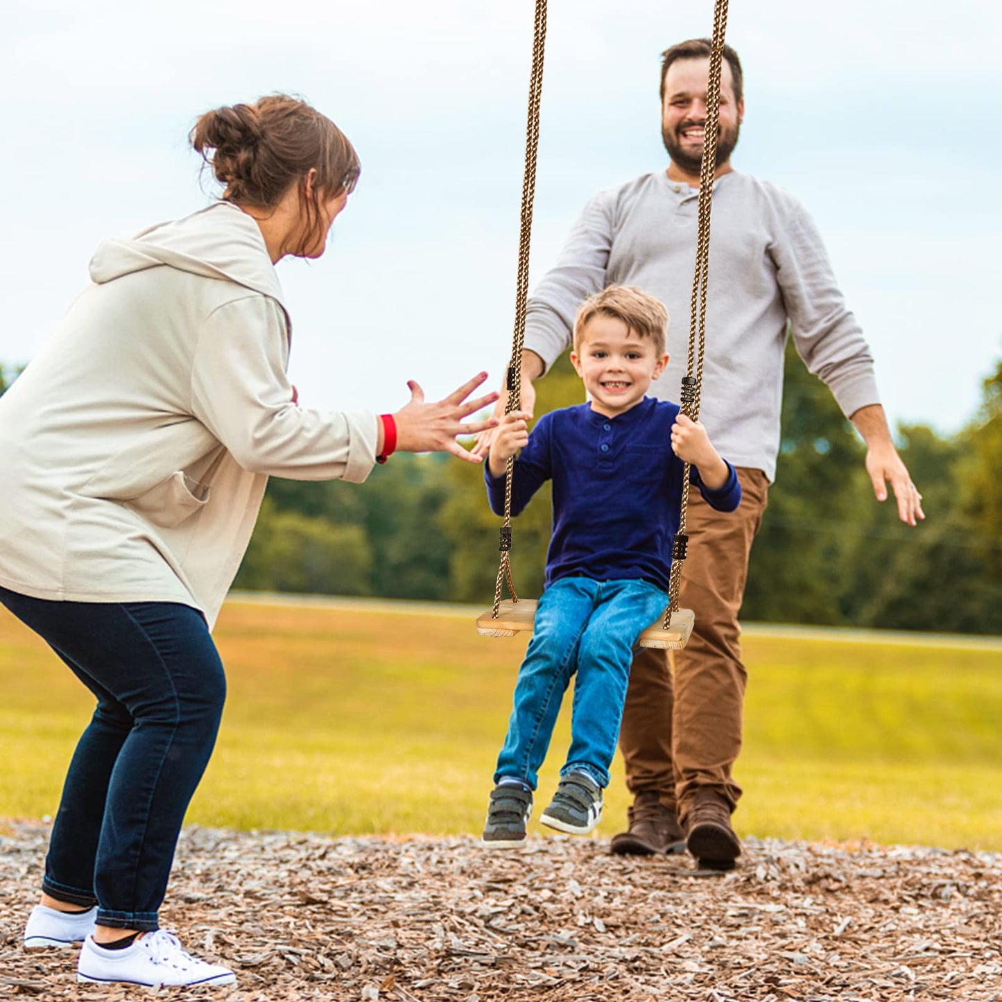 EXTFANS Wooden Swing Outdoor/Indoor | Stable family corner up to 160kg with adjustable ropes | Safe swing seat for kids & adults (40x16x3cm) | For garden, patio, balcony
