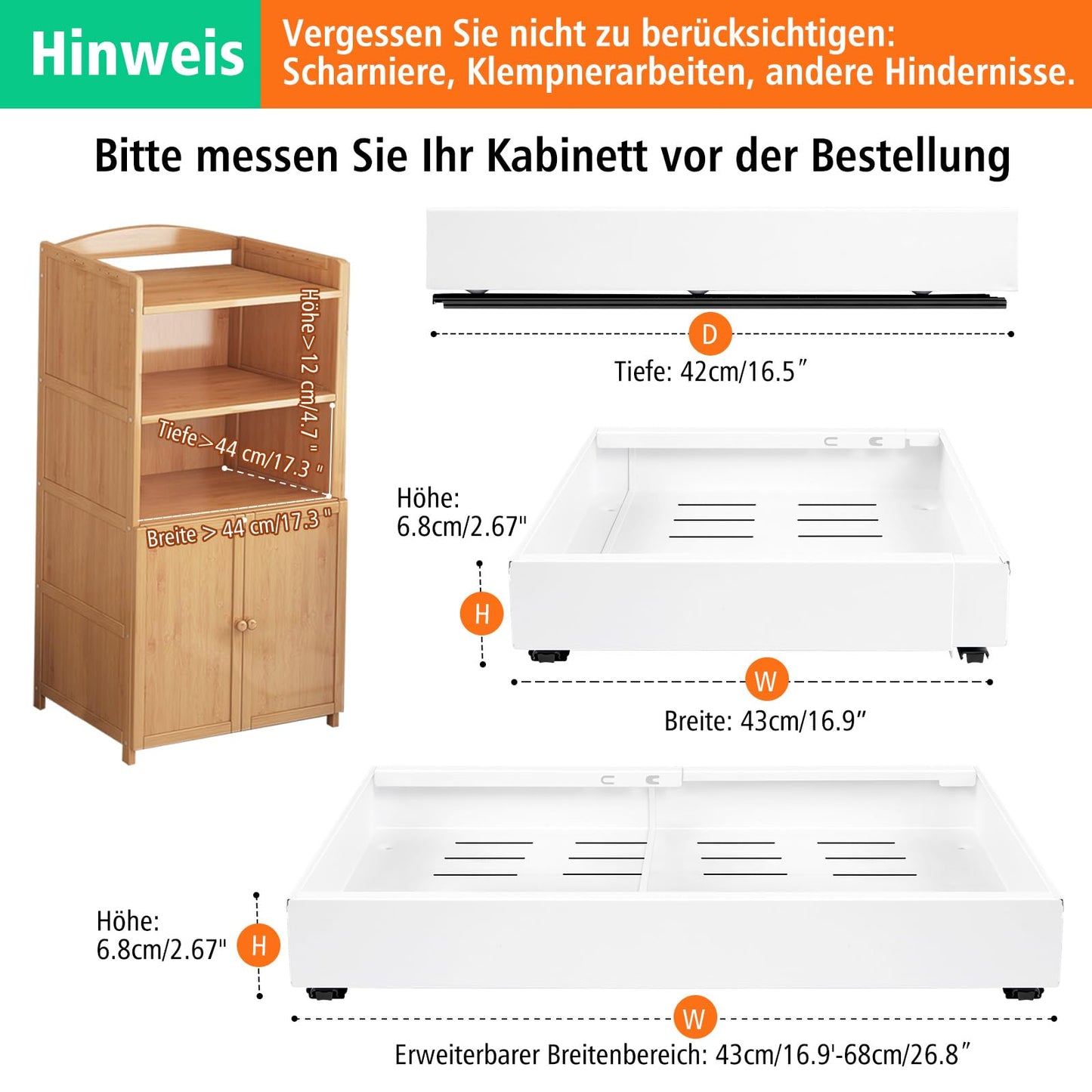 Telescopic Drawer, Expandable Drawer Organizer, Carbon Steel Extendable Drawer Storage Shelves, Smooth Sliding Basket Pull-Out Kitchen Cabinet (White, Expandable Width 43-68cm)