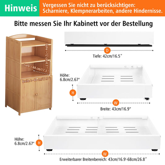 Telescopic Drawer, Expandable Drawer Organizer, Carbon Steel Extendable Drawer Storage Shelves, Smooth Sliding Basket Pull-Out Kitchen Cabinet (White, Expandable Width 43-68cm)