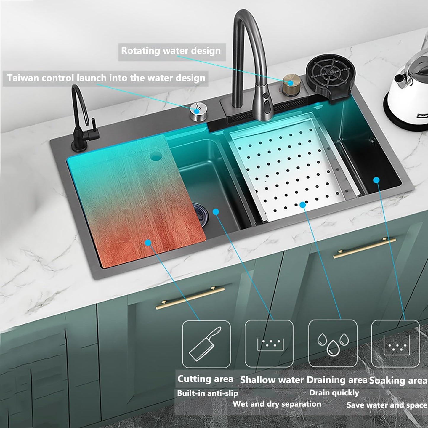 Kitchen sink Stainless steel Sink Black Waterfall Kitchen Sink With Cup Washer, Built-in sink Kitchen sink Glass washer For sink, Integrated sink With faucet Waterfall)