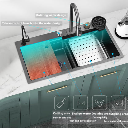 Kitchen sink Stainless steel Sink Black Waterfall Kitchen Sink With Cup Washer, Built-in sink Kitchen sink Glass washer For sink, Integrated sink With faucet Waterfall)