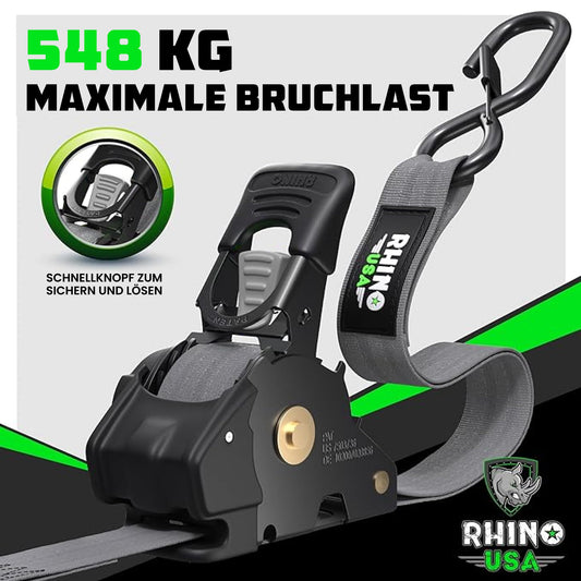 Rhino USA Self-Retracting Ratchet Straps (4-Pack) - 1" x 10' (1,200 lbs Breaking Strength) - Heavy Duty Automatic Ratchet Straps for Trucks, Trailers, Motorcycle, Bike & More - Gray