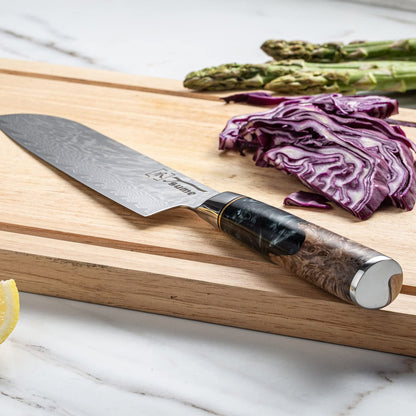 Tsume Santoku Knife Onyx, Blade length 19cm, Genuine Damascus Kitchen Knife, 67 layers of VG10 stainless steel core with black and white resin and wood handle, razor-sharp.