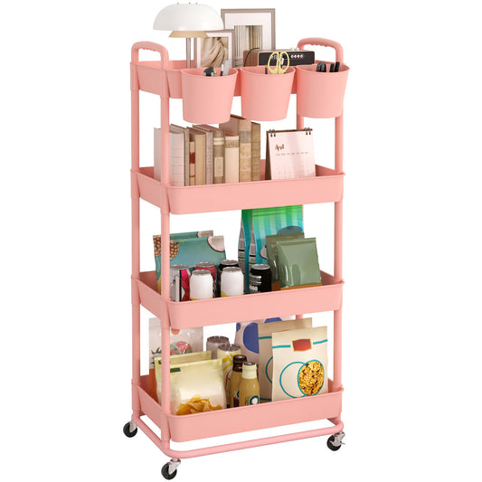 JIUYOTREE 4-tier plastic rolling cart with additional hanging handles, locking wheels for living room, bathroom, kitchen, office, Pink.